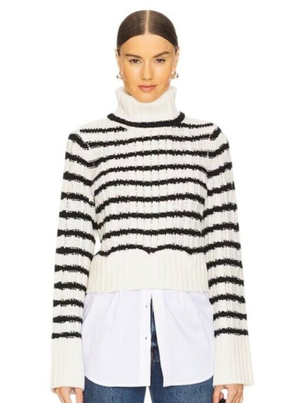 Veronica Beard Iyla Wool Striped Turtleneck Layered Shirt Sweater Size L